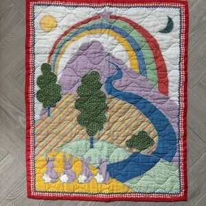 Vintage Calico Bunnies Quilt Block Rainbow Calico Hanging Quilt 43x35